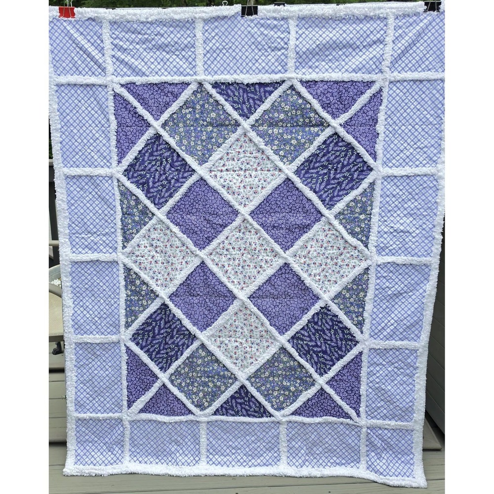 Handmade Lavender Dream Rag Quilt Throw-Floral design and Purple Gingham-- NEW